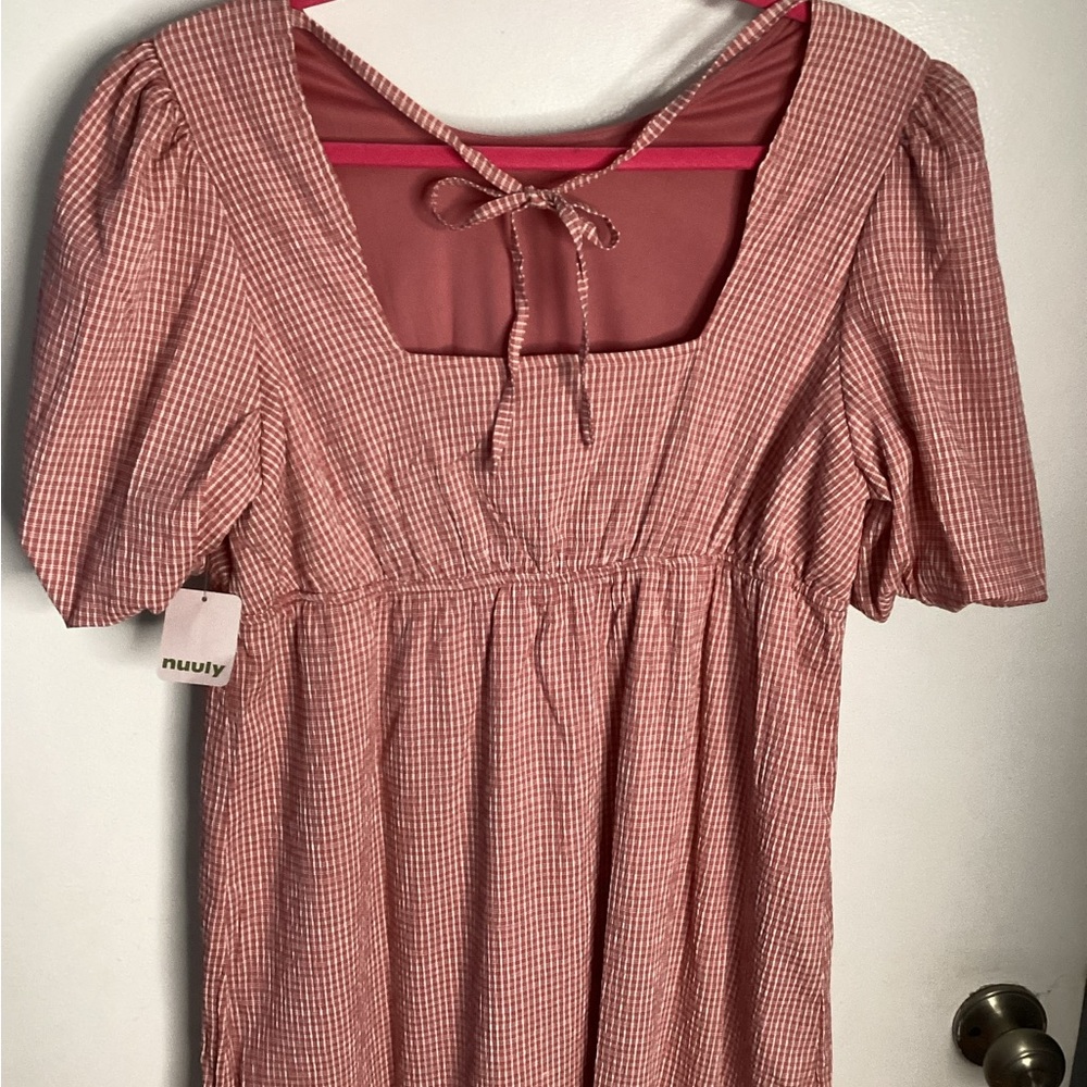 Soft Pink Gingham Maxi Maternity Dress with Puff Sleeves ML